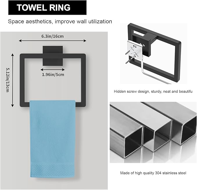 5-Pieces Matte Black Bathroom Accessories Set, 16 Inch Bath Towel Bar Set, SUS 304 Stainless Steel Bathroom Hardware Set, Towel Racks for Bathroom Wall Mounted