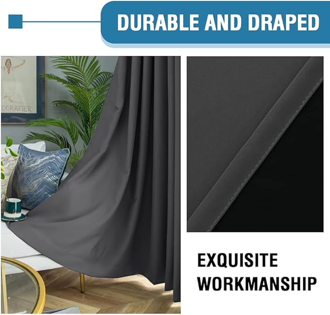 H.VERSAILTEX 100% Blackout Curtains for Bedroom Thermal Insulated Blackout Curtains 96 Inches Long Rod Pocket/Clip Rings Curtains for Living Room with Black Liner 2 Panels, Charcoal Gray