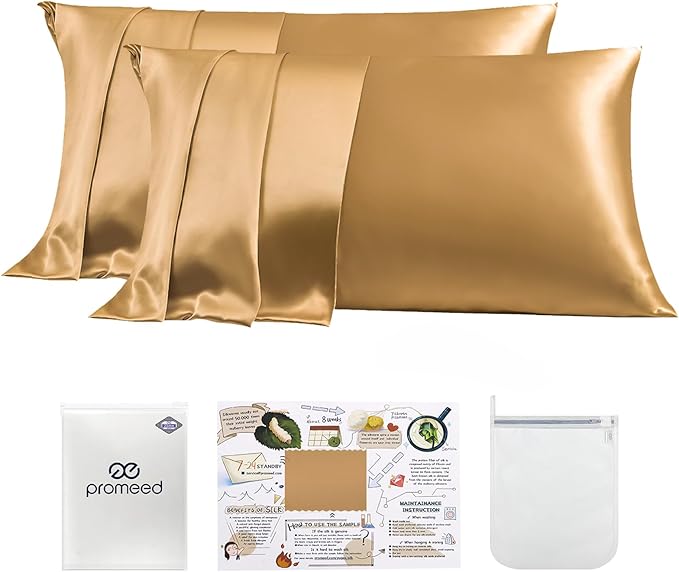 PROMEED 23 Momme Silk Toddler Pillowcase 2 Pack with Free Laundry Bag, Natural Highest Grade 6A+ 100% Mulberry Silk Pillow Case Set of 2, Zipper (Toddler/Travel 13"x18", Gold)