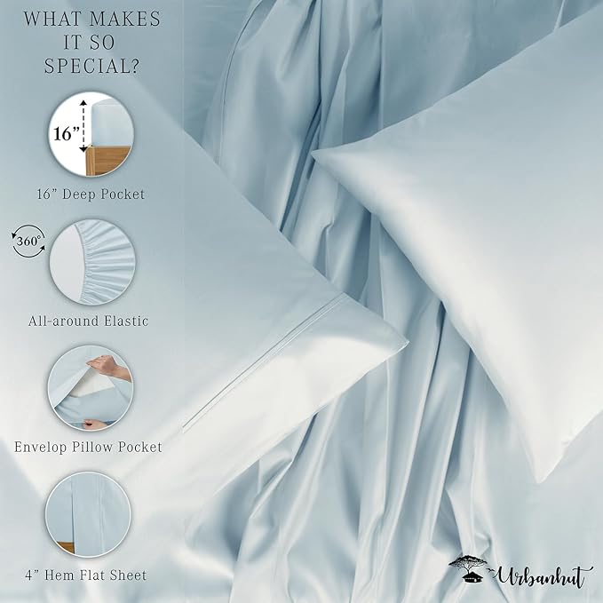 URBANHUT 700 Thread Count California King Size Egyptian Cotton Sheets, 4Pc Sheet Set Soft Luxury Bed Sheets for Cal King Size Bed, Sateen Weave Hotel Sheets, 16'' Elasticized Deep Pocket - Light Blue