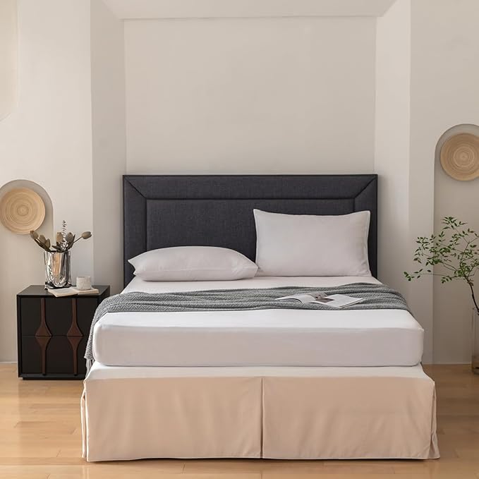 King Bed Skirt, Grid Plaid Soft Quadruple Pleated Ruffle Bed Skirt, Tailored Dust Ruffle 14 Inch Drop Easy Fit, Machine Washable (Beige)
