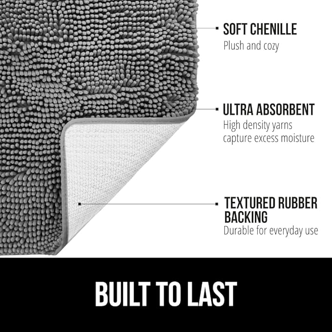 GORILLA GRIP Bath Rug Mat 48x24, Thick Soft Absorbent Chenille, Quick Dry Microfiber Mats, Rubber Backing Washable Shower Floor Rugs, Bathmat Runner, US Designed Bathroom Home Decor Accessories Grey