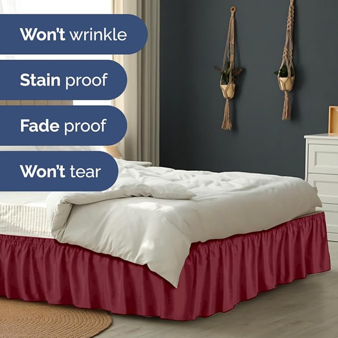 Wrap Around Dust Ruffle Bed Skirt - Burgundy - for Queen Size Beds with 12 Inch Drop - Elastic Strap - Adjustable Pleated Bedskirt with Brushed Fabric and Wrinkle Free - for Women, Men, Kids & Teens