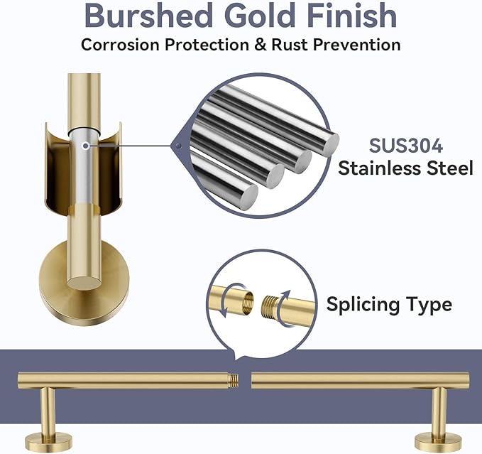 Gold Bathroom Accessories 5 Piece, 24 Inch Bath Hardware, Wall Mounted Brushed Gold Towel Rack, Durable SUS304 Stainless Steel Towel Bar Set