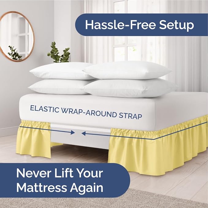 Wrap Around Dust Ruffle Bed Skirt - Yellow - for King Size Beds with 24 Inch Drop - Easy Fit Elastic Strap - Adjustable Pleated Bedskirt w/Brushed Fabric - Wrinkle Free - for Women, Men, Kids & Teens