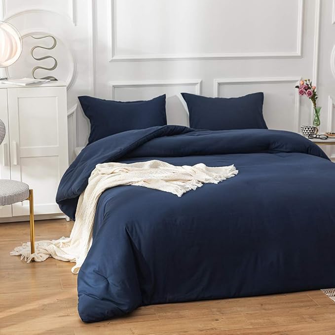 Cottonight Navy Blue Comforter Queen Set Dark Blue Bedding Comforter Set Full Solid Navy Blanket Quilts Men Boys Breathable Soft Navy Blue Comforter with 2 Pillowcases