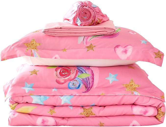Wajade Pink Unicorn Comforter Set for Girls 7 Piece Cute Cartoon Bedding Set for Kids Twin Size as Birthday Gift with Comforter, Sheet Set, Pillowcase and Sham