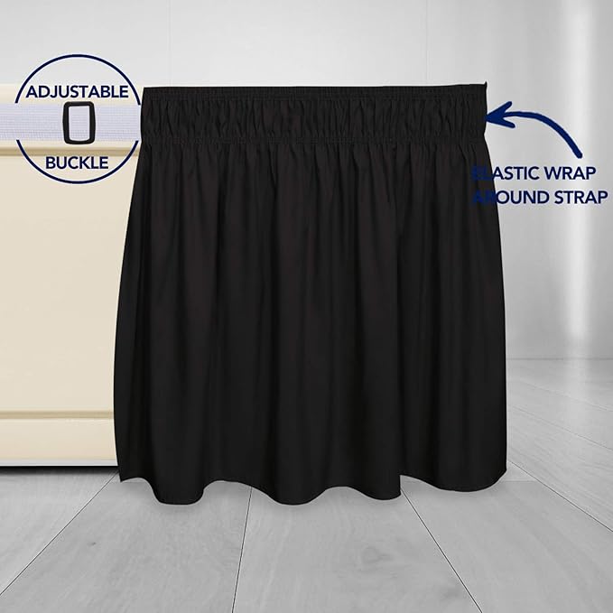 PureFit Wrap Around Ruffled Bed Skirt with Adjustable Elastic Belt - 18 Inch Drop Easy to Put On, Wrinkle Free Bedskirt Dust Ruffles, Bed Frame Cover for Queen, King and C-King Size Beds, Black