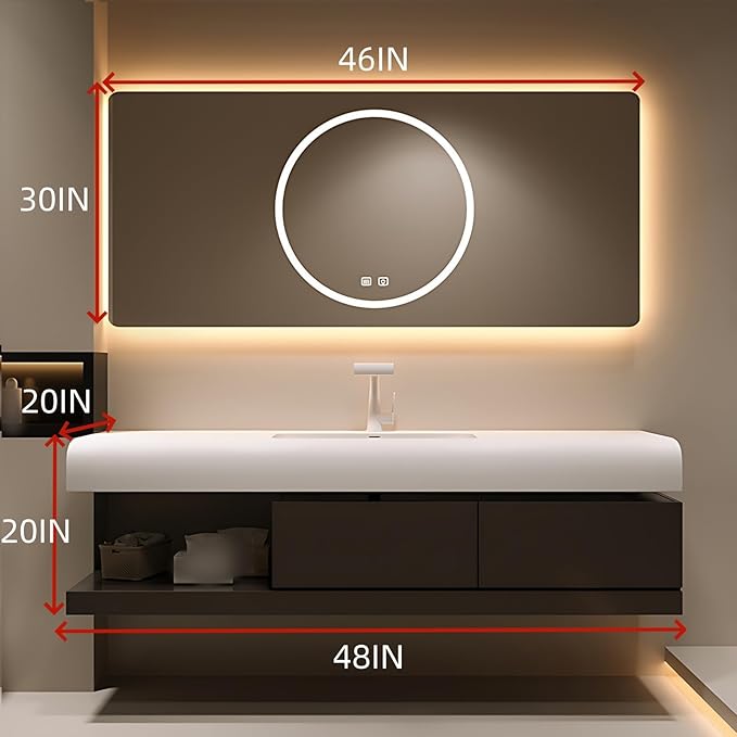 48IN Bathroom Vanity with Sink - Bathroom Cabinet Set has 2 Drawers & Overflow Hole Wall Mounted | LED Practical Defogging Mirror, Open Compartments, Seamless Rock Slab Basin (Coffee)