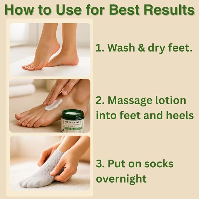 Natural Escapes Peppermint, Rosemary, Eucalyptus & Tea Tree Oil Foot Cream for Dry Feet, Cracked Heels, Calluses, Athlete's Foot - Heel Repair Cream for Women & Men (8 oz)