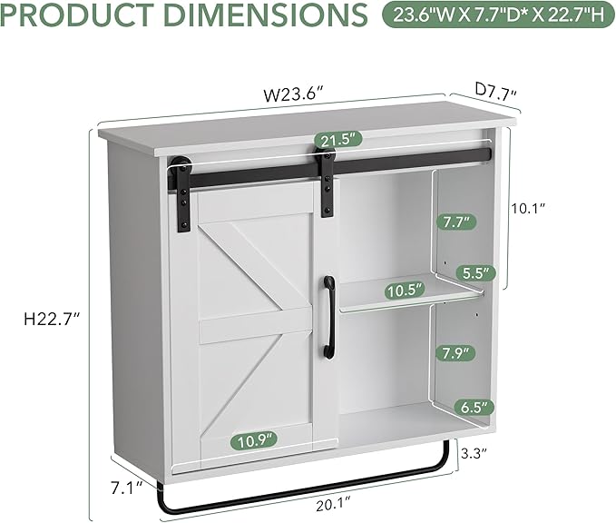 Bathroom Wall Cabinet Over Toilet Sliding Door 23x19 Inch Farmhouse Medicine Cabinet with Towel Bar Motion Sensor Light Adjustable Shelves White Above Toilet Storage for Laundry or Kitchen
