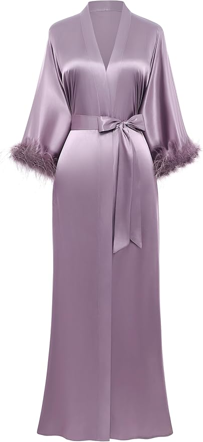 PRODESIGN Satin Kimono Robe Long Silky Bathrobe with Ostrich Feather Trim Sleepwear Wedding Bridesmaid Dressing Gown