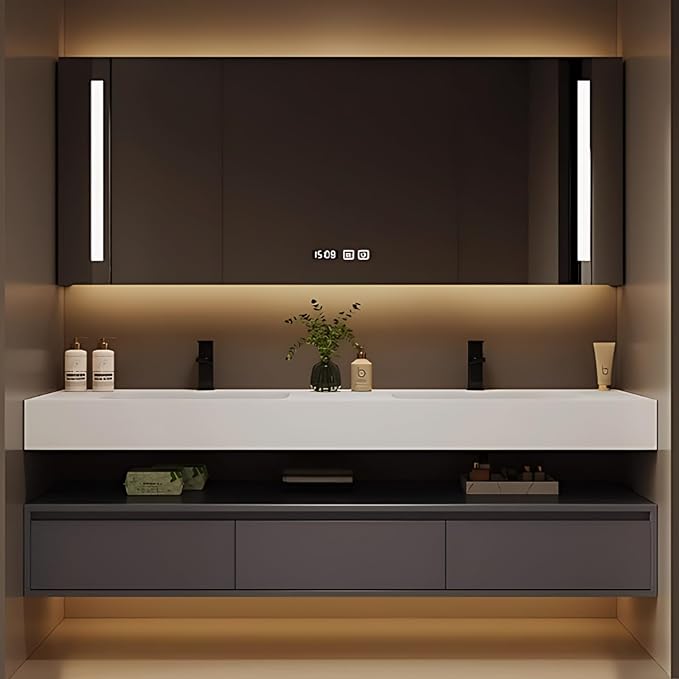 64IN Bathroom Vanity Double Sink - Double Sink Bathroom Vanity Set Include Smart Defogging Bathroom Mirror Cabinet with LED Light Strips, Abundant Storage Space with 3 Drawers (Mirror Cabinet)