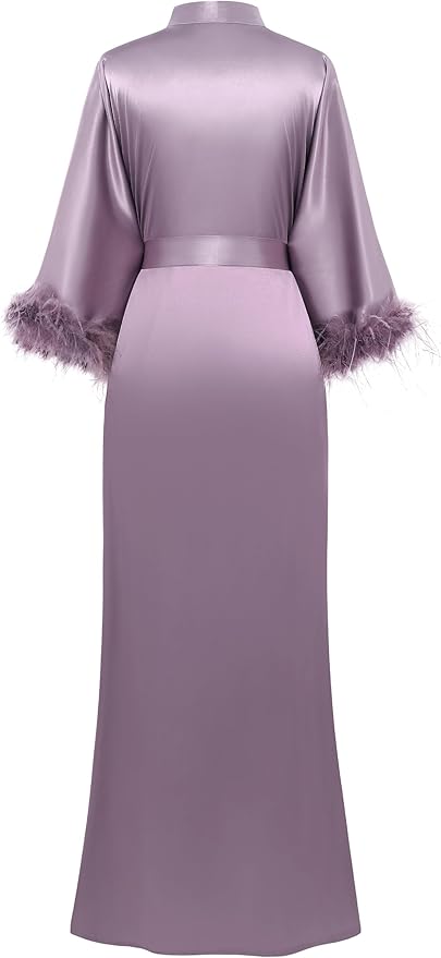 PRODESIGN Satin Kimono Robe Long Silky Bathrobe with Ostrich Feather Trim Sleepwear Wedding Bridesmaid Dressing Gown