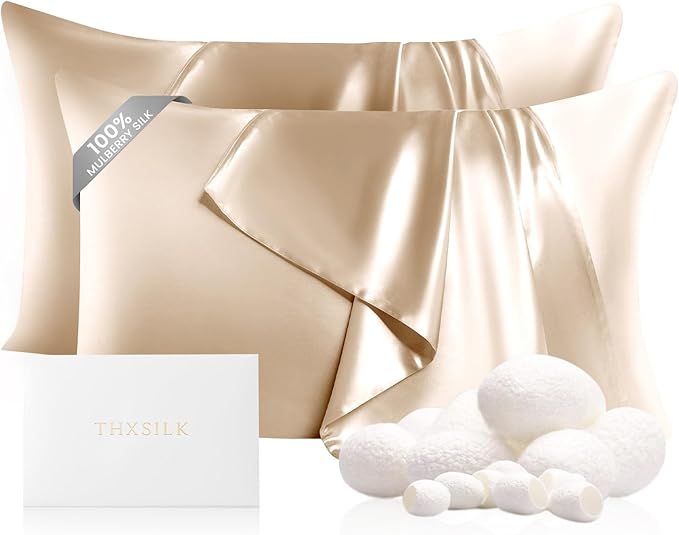 THXSILK Set of 2 Mulberry Silk Pillowcases for Hair and Skin, 100% Mulberry Silk 22 Momme, Soft Breathable Silk Pillow Case with Hidden Zipper, King Size Pillow Cases(Beige)