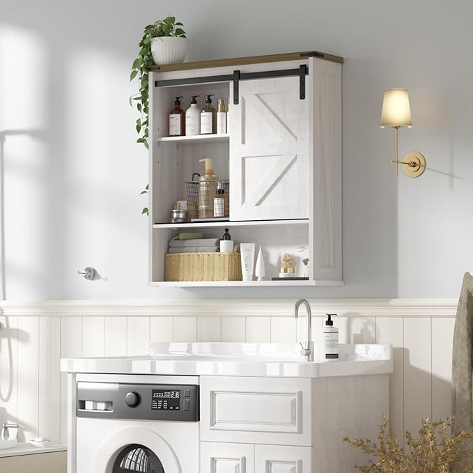 Bathroom Wall Cabinet, Bathroom Storage Cabinet with Doors & Adjustable Shelves, Wall Mounted Medicine Cabinet Over The Toilet, White Cabinet for Laundry Room, Kitchen, Entryway