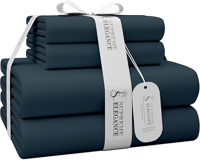 1200 Thread Count Cotton Rich Full Dark Blue Sheets Set, Ultra Soft & Silky Luxury Sateen Bed Sheets, Moisture Wicking & Wrinkle Resistant (1 Flat Sheet, 1 Fitted Sheet & 2 Pillowcases)