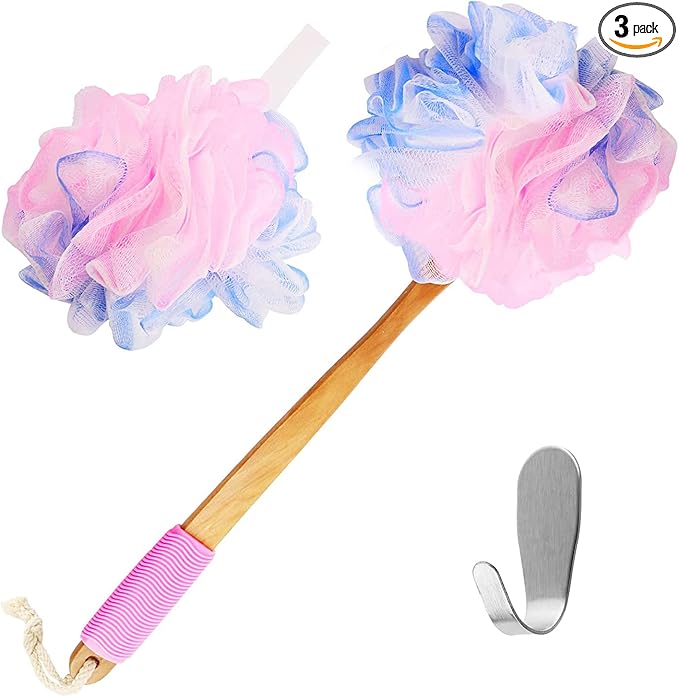 Yoove Loofah Back Scrubber w/Bamboo Charcoal Fiber Infused Bath Sponge, Wooden Handle, Luffa Pouf, Sponge Stick & Hanging Hook for Men & Women, Pink Loofah w/Handle, Loofa, Lufa Body Scrubber Stick