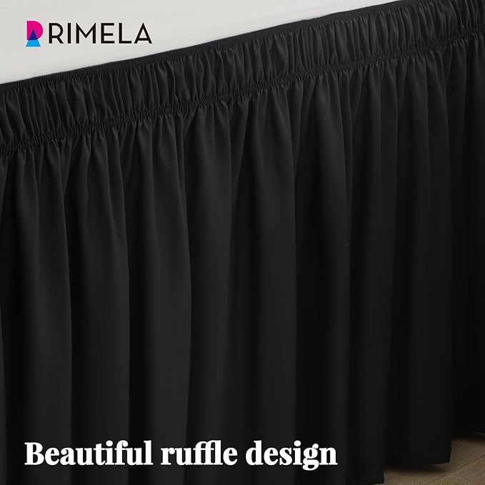 RIMELA Black Bed Skirt Twin 32 Inch Drop Silky Luxurious Fabric, Wrinkle and Fade Resistant with Adjustable Elastic Belt Easy to Install Machine Washable Dust Ruffles Bedskirt for Matress Box Spring