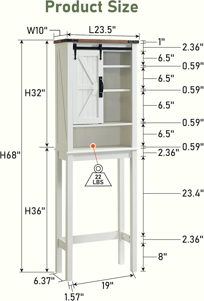 RedLemon Farmhouse Over The Toilet Storage Cabinet Set of 2, 68" Tall with Sliding Barn Doors & Adjustable Shelves, Rustic Above Toilet Storage Cabinet, Antique White