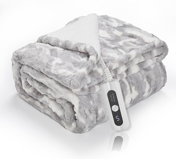 Heated Blanket Faux Fur & Sherpa Twin Size, Safe Electric Blanket ETL & FCC Certified, Soft Warm 6 Heating Levels & 10 Hours Auto-Off, Machine Washable, 62"x84" Light Grey & White Pattern