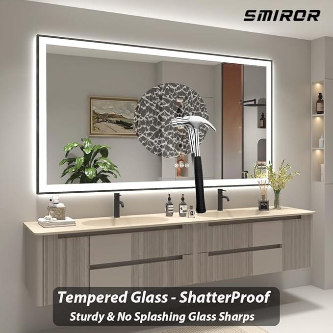 SMIROR 60x 40 Black Framed LED Bathroom Mirrors, Smart Vanity Mirrors with Lights, Front Lighted and Backlit, Dimmable, Anti-Fog, Shatterproof, ETL Listed (Horizontal/Vertical)
