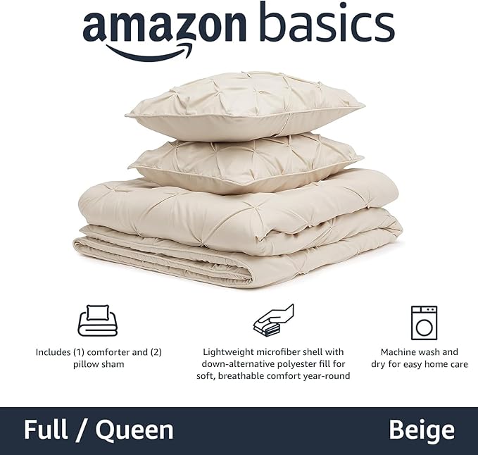 Amazon Basics Soft, Breathable Queen Size Comforter Sets, All-Season Down-Alternative 3-Piece Bedding Set, Pinch Pleat Design, Full/Queen Size, Beige