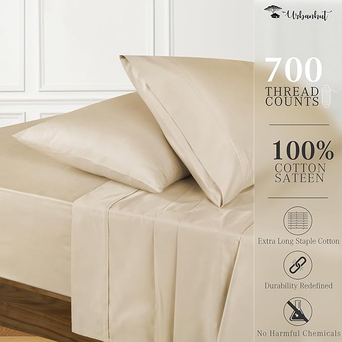 URBANHUT 700 Thread Count Egyptian Cotton Sheets California King Size, 4Pc Sheet Set Soft Luxury Bed Sheets for Cal King Size Bed, Sateen Weave Hotel Sheets, 16'' Elasticized Deep Pocket - Sand