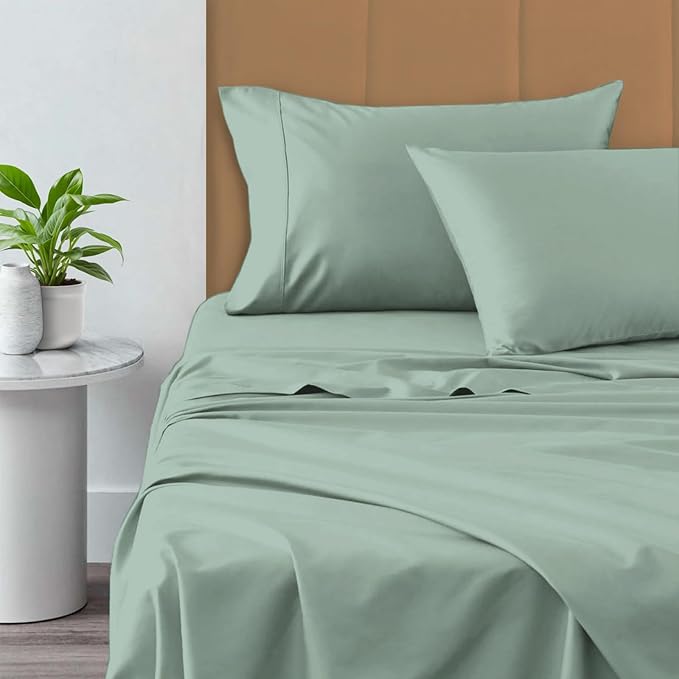Pizuna Pure 100% Cotton Sheets California King Size, 800 Thread Count Long Staple Cotton Crisp Sateen Sheets California King with 15inch Deep Pocket (Combed Sea Foam Cotton Sheets California King)