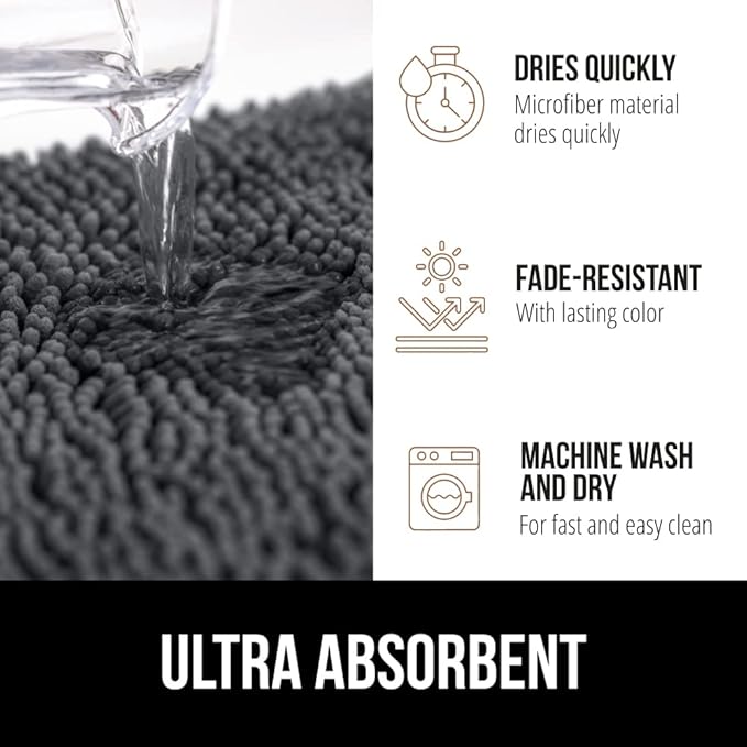 GORILLA GRIP Bath Rug Mat, Soft Absorbent Chenille, Quick Dry Microfiber Mats, Rubber Backing Washable Shower Floor Rugs, Bathmat Runner, US Designed Bathroom Home Decor Accessories 24x17, Charcoal