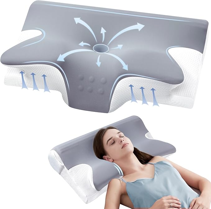 Effective Pain Relief Cervical Neck Pillow for Sleeping, Memory Foam Pillows for Neck Support, Odorless Contour Side Pillow, Ergonomic Bed Pillow for Back Stomach Sleeper (Grey and White)