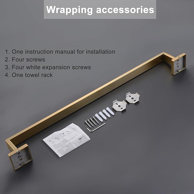 LANC 24-Inche Bath Towel Bar Brushed Gold 60CM Towel Rack Bathroom Towel Hanger Square Shower Towel Rail Towel Rod Contemporary Style Lavatory Towel Holder Wall Mounted,A8804BG-6P1