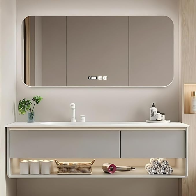 72IN Grey Bathroom Vanity Set - Floating Bathroom Vanity with Single Sink | Including LED Smart Defogging Mirror Cabinet & Time Display Function, Equipped with Motion Sensing Light Strip (Style A)