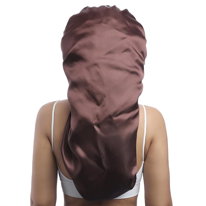 AWAYTR Long Satin Bonnet for Braids - Elastic Silk Hair Bonnets for Sleeping Night Cap Stretchy Tie Band for Women（Brown）