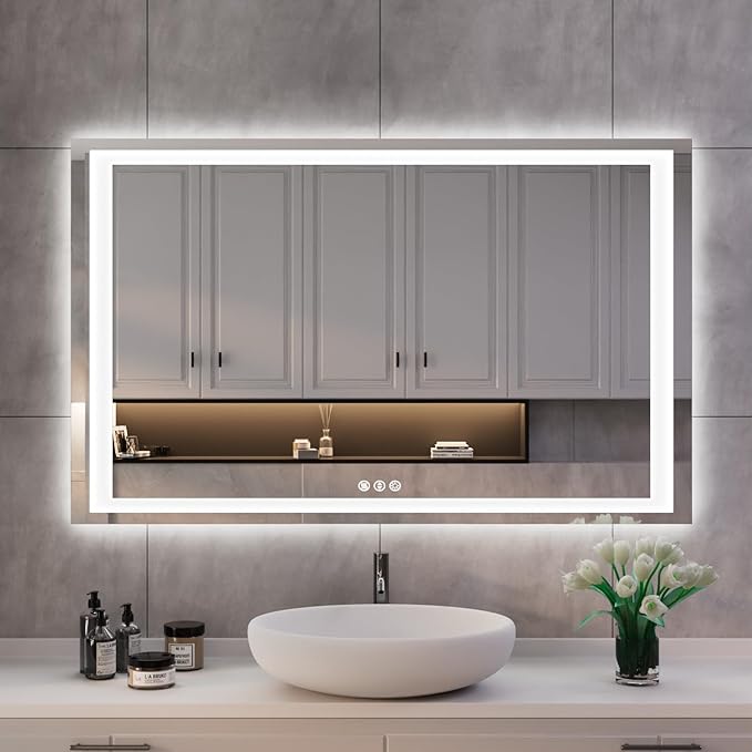 ISKM 48'' x 28' LED Mirror for Bathroom Lighted Vanity Mirror for Wall Front Lights + Backlit LED Bathroom Mirror Anti-Fog Tempered Glass ETL Listed
