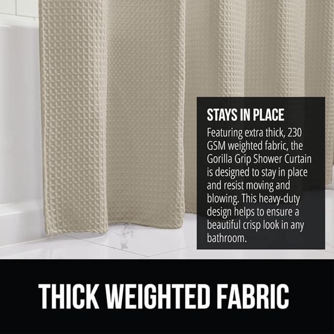 GORILLA GRIP Waffle Shower Curtain, Thick Weighted Fabric, 72x78, Wrinkle and Rust Resistant, Classic Hotel Quality Design, Heavy Duty Long Curtains for Bathroom Showers, Bath Tubs, Machine Wash Beige
