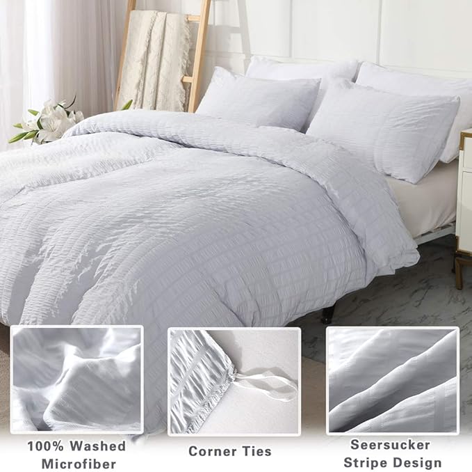 AveLom Light Gray Duvet Cover Cal King(104 x 98 inches), 3 Pieces (1 Duvet Cover, 2 Pillowcases), Seersucker Striped Soft Washed Microfiber, Textured Duvet Cover Set with Zipper Closure, Corner Ties