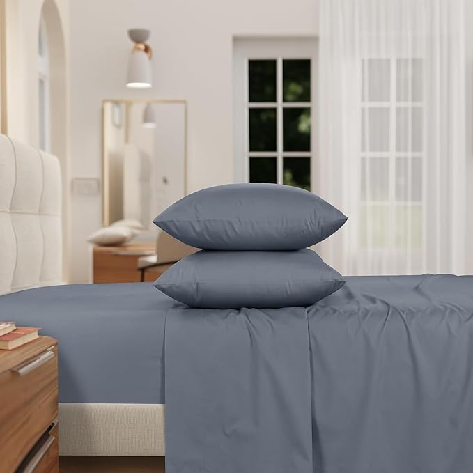 IZOD 100% Egyptian Cotton Sheets Set King Size, Cotton Percale Crisp Sheet Set 4Pc, Lightweight & Deep Pocket fits Upto 17", Long-Staple Soft Combed, Hotel Style Luxury Bedding Sheet - Blue Slate