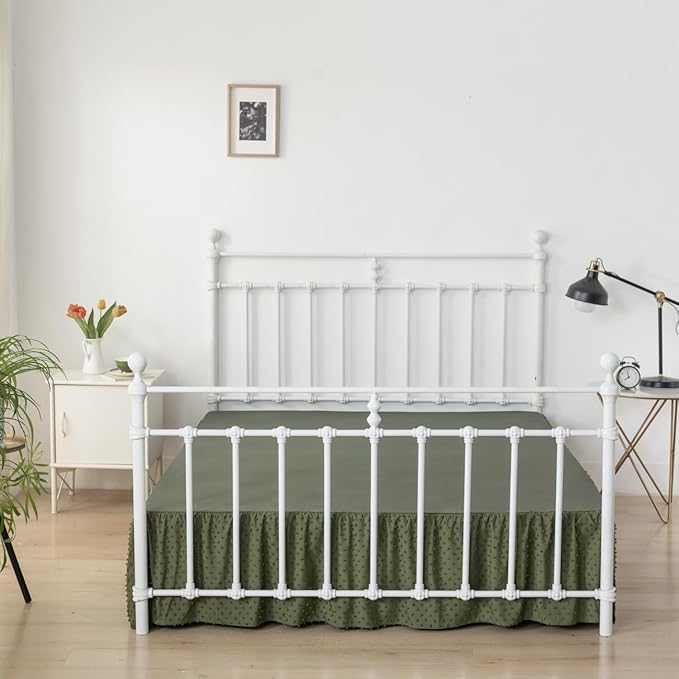 Tufted Dot Bed Skirt Queen Size Ruffled Bed Skirt with Split Corners, 12 Inch Drop Dust Ruffle Bed Skirts with Platform, Olive Green