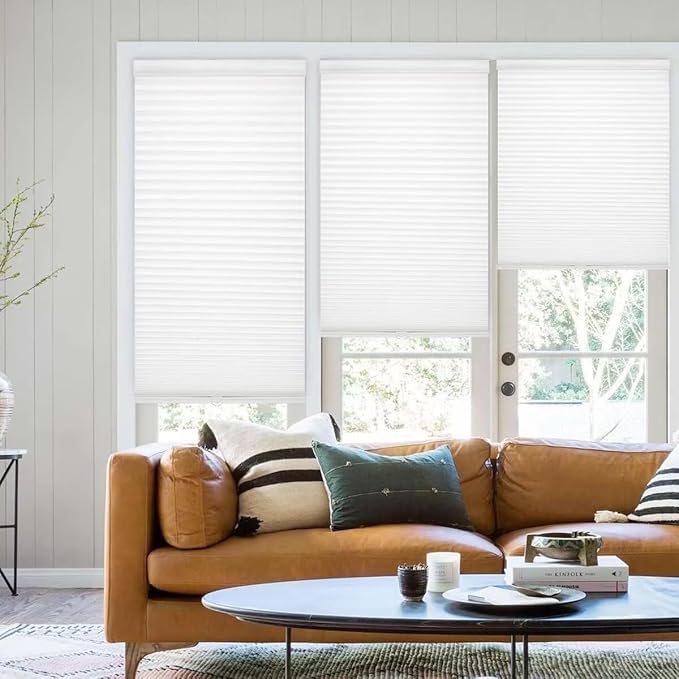 MYshade 1.5-Inch Cellular Cordless Light Filtering Shades,Thermal Insulating Noise Reducing Waterproof Blinds,Honeycomb Window Treatments for Indoor Light Control (White-32 W x 72" H)