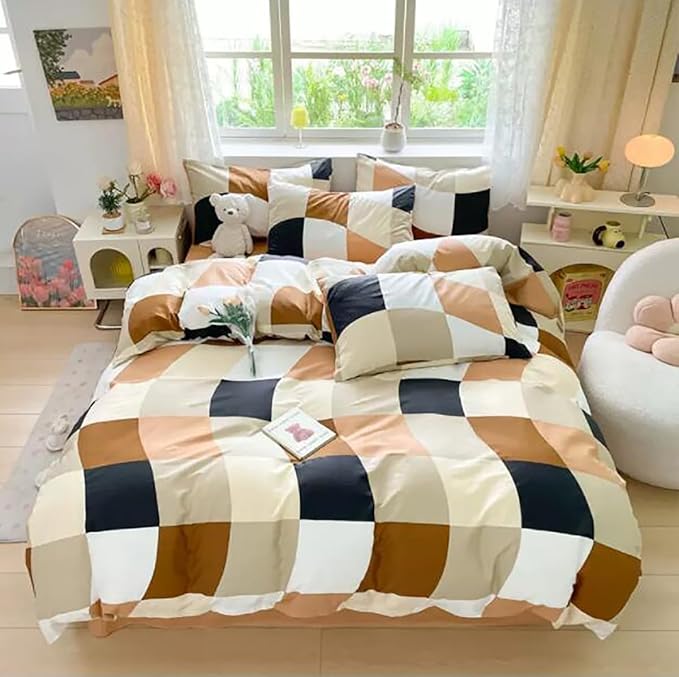 KAREVER Checkerd Comforter Set California King Multicolored Grid Bedding Men Women Chic Checkered Bed Blanket White Black Plaid Buffalo Cal King Bedding Comforter All Season Hotel Quality