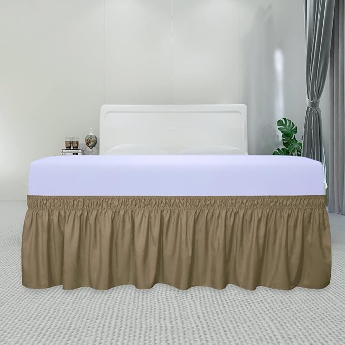 PureFit Wrap Around Ruffled Bed Skirt with Adjustable Elastic Belt - 18 Inch Drop Easy to Put On, Wrinkle Free Bedskirt Dust Ruffles, Bed Frame Cover for Queen, King and C-King Size Beds, Camel