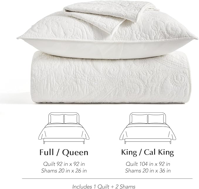 EVERGRACE 100% Cotton Paisley Quilt Set, King Size 3 Piece Set – Prewashed Lightweight Bedspread with 2 Shams, Soft & Breathable Matelasse Coverlet for All-Season Comfort, Bright White