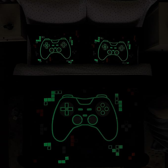 Full Size Comforter Set for Boys-7 Pieces Gamer Glow in The Dark Full Bedding Sets for Kids, Ultra Soft Bed in A Bag with Sheets