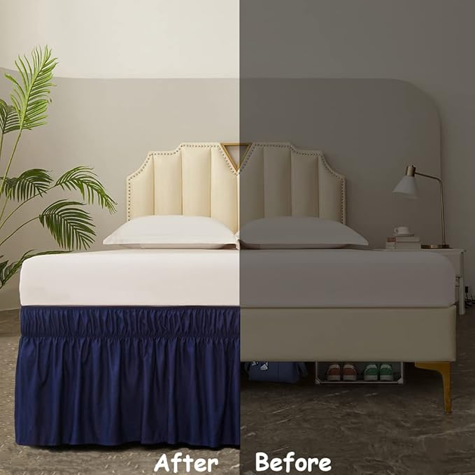 MEILA Wrap Around Bed Skirt Three Fabric Sides Elastic Dust Ruffled 18 Inch Tailored Drop,Easy to Install Fade Resistant-Navy Blue, Queen/King