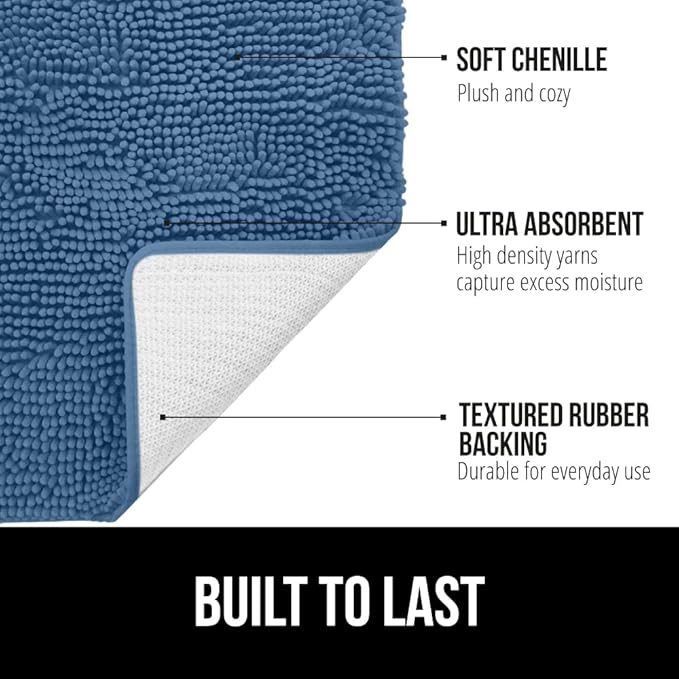 GORILLA GRIP Bath Rug Mat, Thick Soft Absorbent Chenille, Quick Dry Microfiber Mats, Rubber Backing Washable Shower Floor Rugs, Bathmat Runner, US Designed Bathroom Home Decor Accessories 24x17, Blue