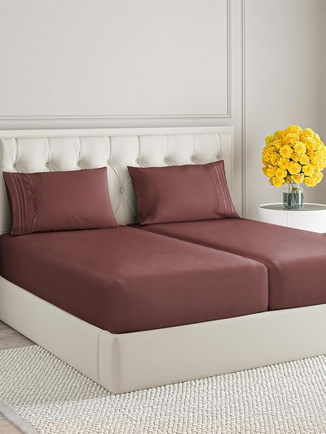 Split King Size 5 Piece Sheet Set - Extra Soft, Breathable & Cooling Sheets - Hotel Luxury Bed Sheets for Women & Men - Deep Pockets, Easy-Fit & Wrinkle-Free Sheets - Dark Russet Oeko-Tex Bed Sheets