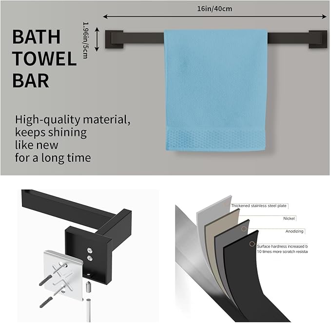 5-Pieces Matte Black Bathroom Accessories Set, 16 Inch Bath Towel Bar Set, SUS 304 Stainless Steel Bathroom Hardware Set, Towel Racks for Bathroom Wall Mounted