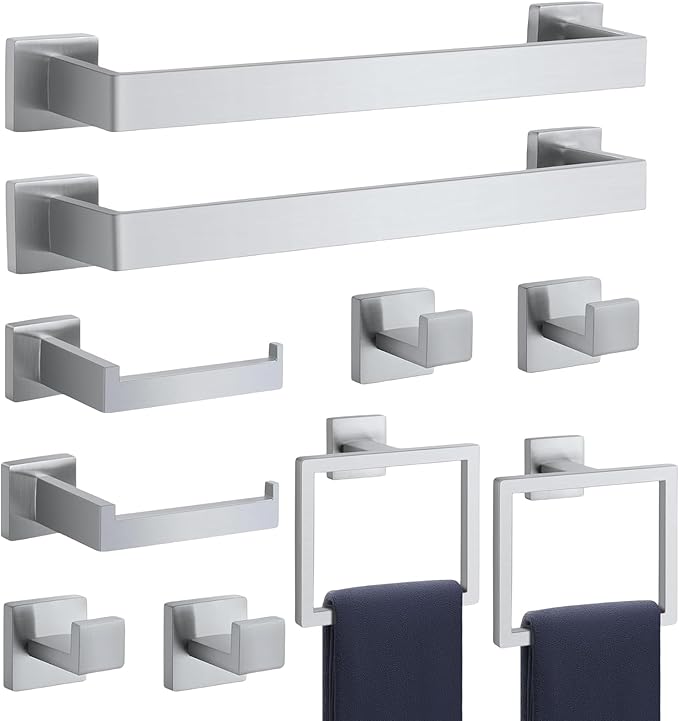 Bathroom Accessories Towel Bar Set: 10 Pieces Brushed Nickel Square Bathroom Hardware SUS304 Stainless Steel - Wall Mounted Towel Rack&Toilet Paper Holder&Towel Ring and Towel Hook