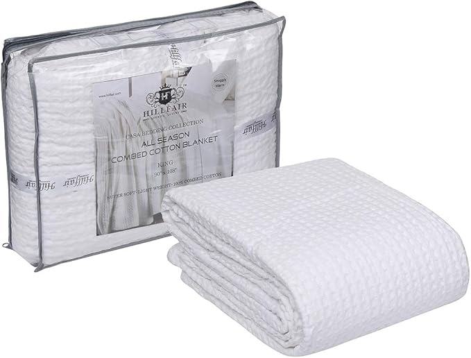 HILLFAIR 100% Combed Cotton Blanket–102x108 Inch California King Size Bed Blankets– Warm Soft All Season Breathable Blankets– Extra Large Oversized California King Blanket- White King Cotton Blankets